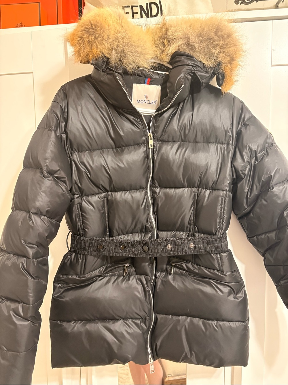 Moncler Black Quilted Down Puffer Coat with Fur-Trim Hood